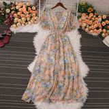 Pbong  Romantic Floral Print Chiffon Maxi Dress Women Sexy V-neck Backless Beach Vestidos Elegant Elastic Waist Party Dress