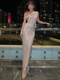 Retro Sequin Single Shoulder Long Dress Women Elegant Glitter Solid Slim Fit Evening Dresses Female Chic Street Party Vestidos