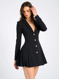 Autumn Black Blazer Mini Dress For Women Fashion V Neck Single-breasted Long Sleeve High Waist Pleated Sexy Dress
