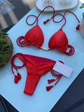 Women's Bikini New Special Fabric Solid Color Rope Swimsuit Multicolor