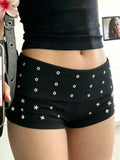 Pbong  Women's Casual Eyelets Flip Back Knitted Shorts Y2K Aesthetics Slimming Metal Diamond Decorate Mini Bottom Summer Versatile Wear
