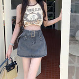 Mini Denim Skirt Women Vintage Sexy High Waist Belt A-line Slim Jeans Skirt Casual Y2K Skort Summer Korean Streetwear