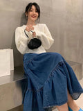 Denim Long Skirt Half Cake Umbrella Skirts for Woman Mid-length Elastic High Waist Dress Korean Fashion Y2k Clothing