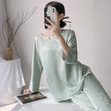 Pbong  Vintage Chinese Pajamas Long Sleeve Shirt&pants Home Clothes Women Spring Summer New Pyjamas Set Rayon 2PCS Nightwear Sleepwear