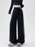 Pbong  Lace Striped Sweatpants Women Retro Streetwear Loose Y2K Wide Leg Pants High Waist Casual Patchwork Bf Lace Up Trousers New