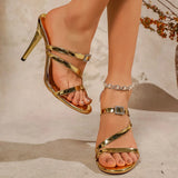 Pbong  Golden Sandals High-Heeled Women's Sandals Thin-Heeled Open Toe One-Line Strap Sexy and Versatile Pinching Sexy Slippers
