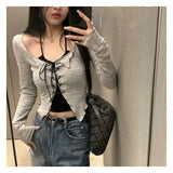 Two Piece Set Lace-up Cardigan with Cami Women's Sexy Slim Y2K Crop Long Sleeve Criss Cross Knit Tops Korean Acubi Outfit