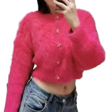 Flower Button Fuzzy Knit Sweater Cardigan Warm Fluffy Button-up Crop Sweater Jacket Knitwear Teen-girl Fall Winter Cute Outfit