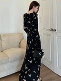 Women Black Print Long Sleeve Chic Ruffled V-Neck Maxi Dress Korean Vintage Party Dress Autumn Winter Elegant Evening Dress New