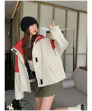 Vintage Patchwork Cargo Jacket Women Loose Preppy Style Long Sleeve Sweet Coat Casual Fall Female Retro All Match New Tops