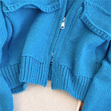 Women's Zip Up Knit Cardigan with Pocket V-neck Zipper Front Crop Sweater Jacket Female Teen-girl Autumn Winter Y2K Outfit