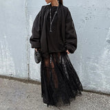  Black Sexy Lace Skirt Women Fashion Thin Transparent Casual Hollow Out High Waist Loose A-line Long Skirt Party