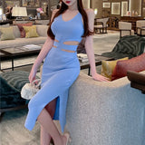 Pbong  Sexy Waistless Knitted SLing Dresses for Summer Women's Dress New Korean V-neck sleeveless Midi wrap buttocks split dress