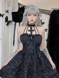Goth Dark Gothic Emo Jacquard A-line Dresses Elegant Grunge Ruched Bandage Partywear Punk Black Women Halloween Club Dress