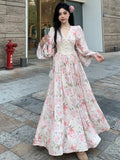 Autumn Women Floral Casual Beach Evening Party Long Dresses V Neck Vintage A-line Dress Korean Fashion Sweet Vestidos Mujer New