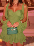 Unique Split Long Sleeves V Neck Woman Soft Mini Dress Sexy Lady Pleated Hem Green Short Dresses New Fall Beach Party Vestidos