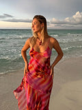 Sexy Backless Lace Up Printed Dresses Women Irregular Hem Ruffles Sling Beach Dress Female Summer Sleeveless Robe Holiday Street