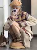 Lazy Style Pullovers Argyle Jacquard Contrast Color Autumn Winter Loose Sweater Y2k Harajuku Vintage Preppy  Women Clothing