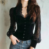 Pbong  Elegant Sexy Square Collar Lace Patchwork Long Sleeve Women's Flavor Base Shirt Top Trendy Hollow out Autumn Winter New Arrival