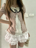 American Style Vintage 2 Piece Set Woman Sweet Girl Fake Two Short Sleeved Tops Casual Lace Mini Skirt Chic