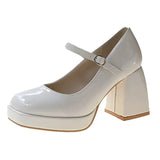 Pbong  Vintage Chunky High Heels Mary Jane Shoes for Women Patent Leather Platform Pumps Woman Square Toe Thick Heel Black Lolita Shoes