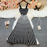 Chic Fashion Vintage Spaghetti Straps Stripes Patchwork Knitted Dress Spring Summer Women Casual Long Sweater Dress
