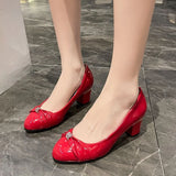 Pbong  Spring New Soft-soled Single Shoes Round Toe Shallow Mouth One Slip Block Heel Non-tiring Shoes