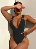 Pbong  Sexy Deep V Neck Ribbed One Piece Swimsuit Women Solid Swimwear Female Monokini High Leg Cut Bather Bathing Suit Swim White