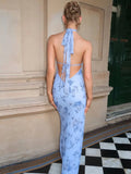 Summer Backless Print Maxi Dress Women Beach Holiday Gown Elegant Halter Deep V Neck Sleeveless Bodycon Long Dress