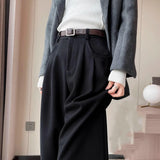 Pbong  Gray Woolen Suit Pants Women's Autumn Winter Thick Wide Leg High Waist Straight Cut Slim Casual Floor Length Trousers