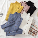 Ribbed Knit Top for Women Pullovers Button Decor Mock Neck Sweater Stretchy Long Sleeve Fitted Jumper Teen-girl Fall Winter