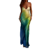 Pbong  Women's Summer Boho Cami Long Dress Gradient Color Spaghetti Strap V-Neck Backless Beachwear Party Maxi Sundress