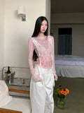 Designer Pink Long Sleeve T Shirt For Woman Fall 2025 Lace Print Funny Tees Cute Mesh Top Kawaii Clothes