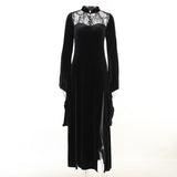 Goth Dark Velvet Vampire Witch Mall Gothic Long Dresses Vintage Elegant Grunge Lace Patch Dress Flare Sleeve Halloween Partywear