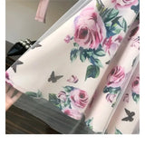 Pbong  Cute Fresh Chiffon Skirt Short Sleeve Bowknot Tops Floral Mid-length High Waist Slim 2-Piece Suit Shirt Elegant