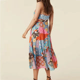 Pbong  Contrast Color Flower Print Midi Long Sling Dress Hippie Women Single-breasted Buttons Ruffles Hem Slit Robe Holiday