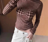 Retro Plaid Crop Tops Long Sleeve Y2k Vintage T Shirt Women Push Up Tee Tops Fairycore 2000s Japanese Grunge Tops Tee