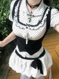 Kawaii Sweet Suit Hot Girls Polka Dot Top Black Belt Casual Bud Mini Skirt Sweet Cool Set Woman