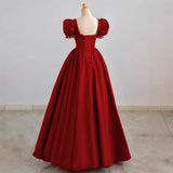 Pbong  Burgundy Square Collar A-LINE Evening Dresses Puffy Sleeves Long Prom Dresses Elegant Beading Decoration Party Dresses