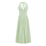 Halter Neck High Waist Fashion Long Dress French Chic A-line Pleat Women Summer Dress New Party Fashion Female Clothes
