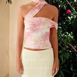 y2k Halter Top Women Sexy Clothing Flower Print Sleeveless Backless Cropped T Shirt Vest 2000s Clothes Party Clubwear