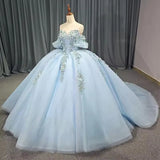 Pbong  Glittering Light Blue Quinceanera Dresses Flowers Beading Lace Vestidos De 15 Anos Birthday Party Prom Princess