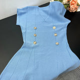 Pbong  Chic Fashion Slim Waist A-line Knitted Dress  New Summer Elegant Double-breasted Party Dress Korean Outfits Vestido