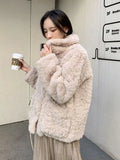 Faux Lamb Vintage Coat Women Long Sleeve Winter Warm Sweet Jacket Korean Casual Female Pockets Solid Slim Retro Outwear Top