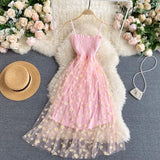 Women Dress 2025 New Korean Fashion Floral Print Spaghetti Straps Mesh Party Dress Vacation Style Lady Beach Vestidos