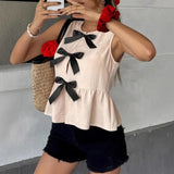Summer Euramerican Sweet Elegant O Neck Sleeveless Tank Tops Y2k Constrast Color Bow Design Sweet Cool Camisole Harajuku Tops