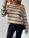 Autumn and winter fashion elegant off shoulder striped long sleeved women's knitted sweater