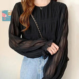 Pbong  Korean All Match Lady Loose Blouses for Women O-neck Flare Sleeve Solid Color Shirts Fashion Pleated Tops