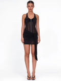 Black See Through Mesh Ruched Sexy Mini Dress For Women Robe Summer New Zipper Sleeveless Skinny Draped Club Dress