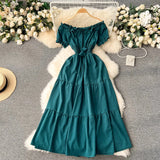 Pbong  Summer Vacation Slim Elastic Waist Long Dress Women Elegant Off Shoulders Big Swing Maxi Beach Dress Party Robe Femme